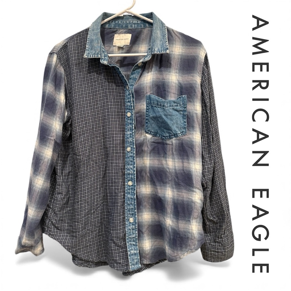 American Eagle Outfitters Mixed Blue Flannel Denim Button-down Shirt, XS
